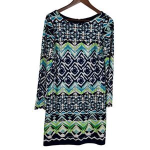 Vince Camuto Blue White Print Long Sleeve Shift Dress Women's 8